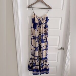 Anthropologie Cream and Blue Abstract Print Maxi Dress